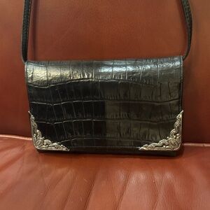 Brighton Black Croc-Embossed Crossbody with Silver Corner Accents